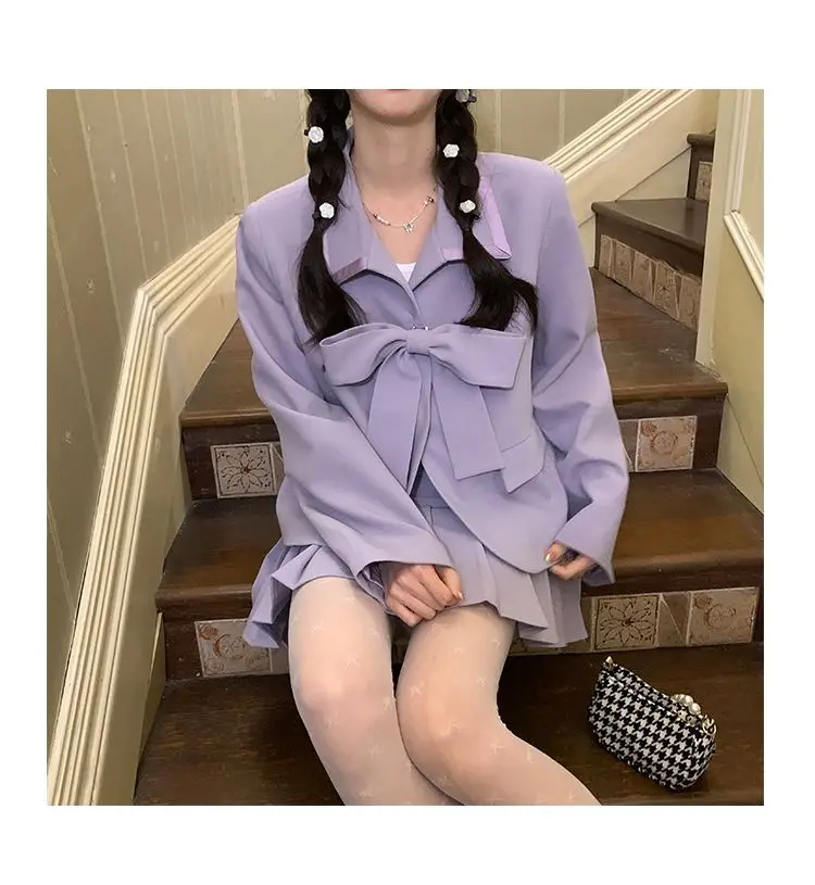 Women Skirt Sets Lace Up Bow Tie Blazer+High Waist Pleated Skirt Solid Color Temperament Sweet Commute Two Piece Lady Clothing