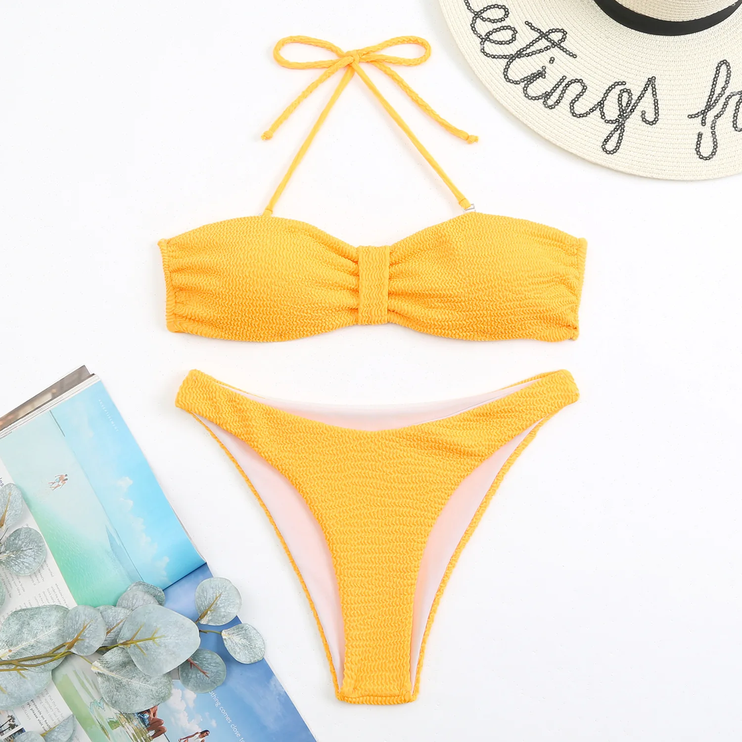 

2023 Solid Color Bikini Set Split Women Bandage Backless Swimsuit High Waist Strap Nack Fit Beach Biquine Brasileiro Swimwear