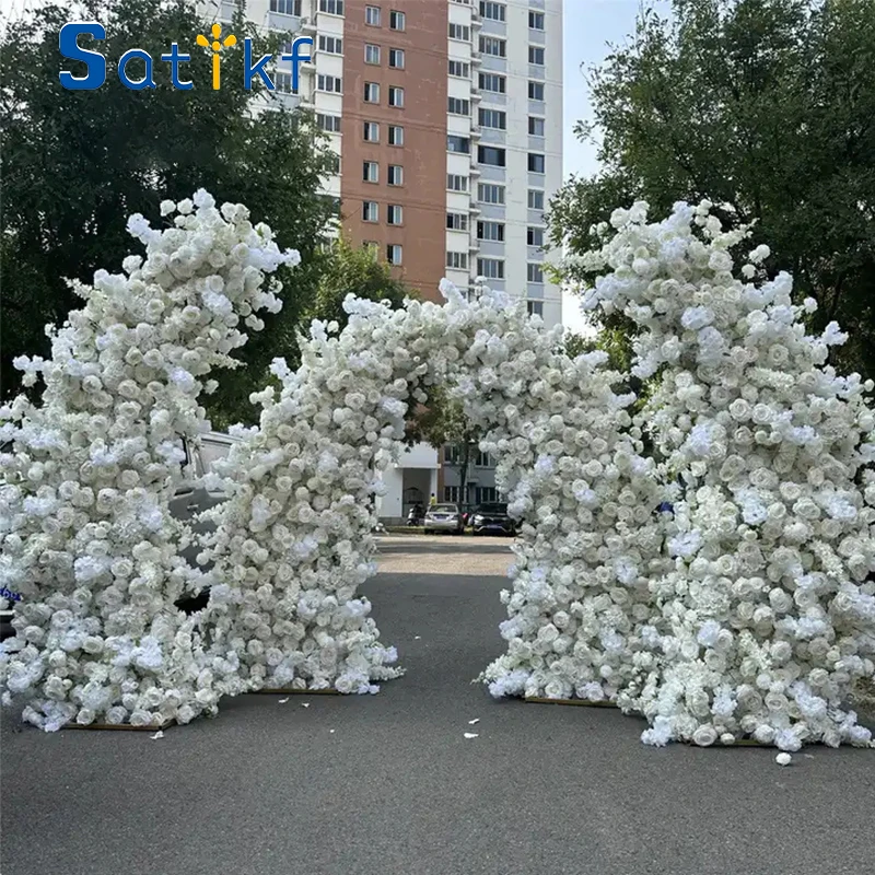 White Rose Hyacinth Orchid Floral Arrangement Decor Horn Arch Wedding Backdrop Floor Flower Row Event Banquet Party Stage Props