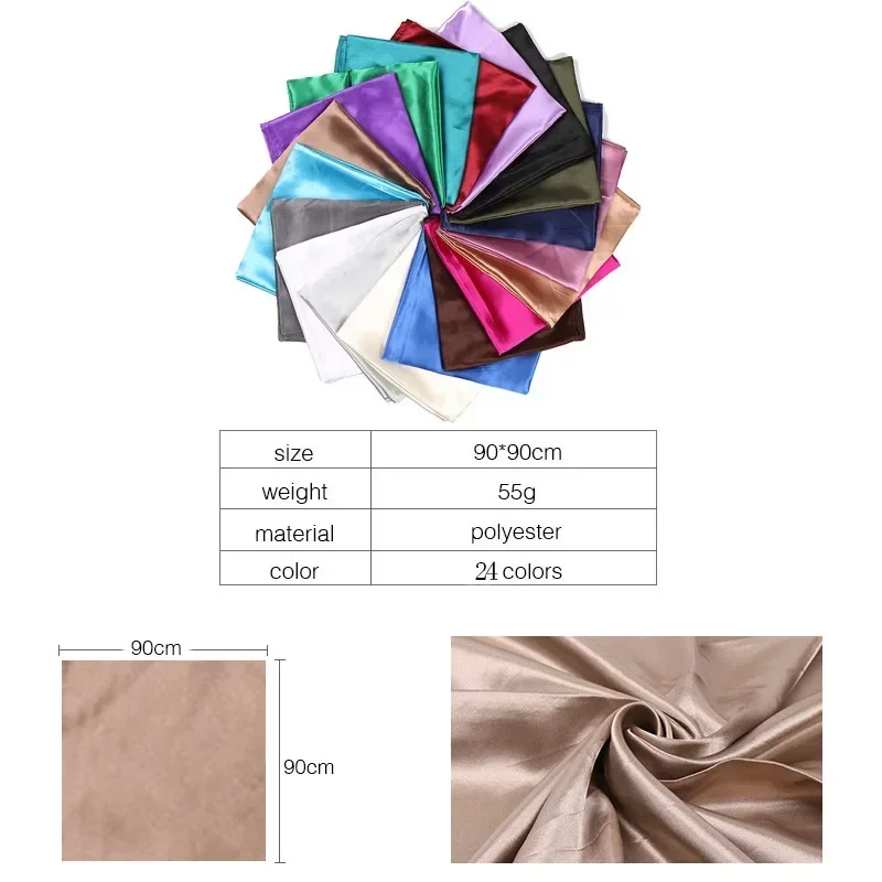 90X90 Satin Silk Scarf Hijab Solid Women Shiny Square Wrap Shawl Head Neck Cover Plain Hair Tie Band Beach Hijab Female Foulard 2