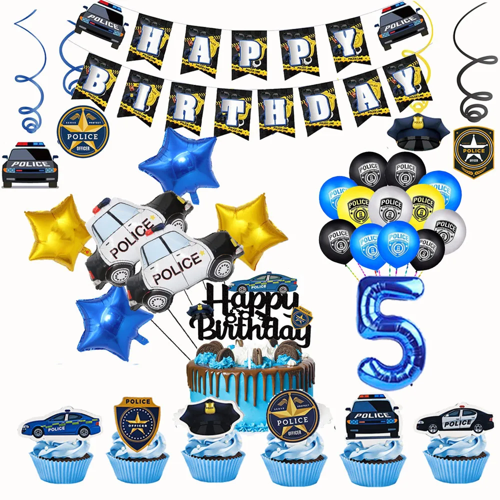 Police Party Supplies Decorations Banner Cake Topper Police Officer And Car Theme 5th Birthday Balloon Set Kids Party Supplies
