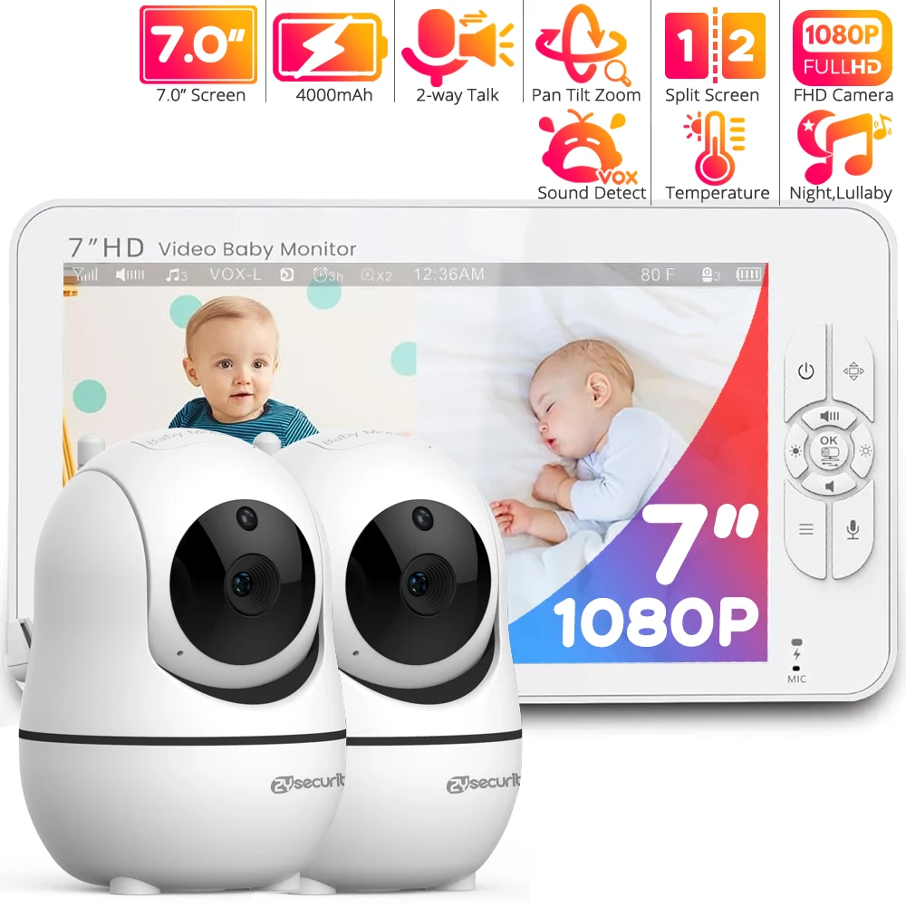 

7 Inch Baby Monitor with 2 Cameras 1080P Babyphone Split Screen Pan-Tilt-Zoom Nanny Camera 2-way Audio Night Vision BabySitter