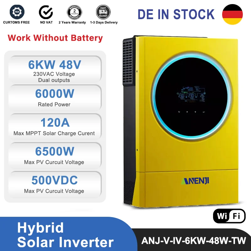 Inverter Solare Ibrido 6Kw 48V 220V On/Off Grid Borsa Onda Sinusoidale Doppio Inverter Built-In 120A Mppt Caricatore Solare Led Ring Light