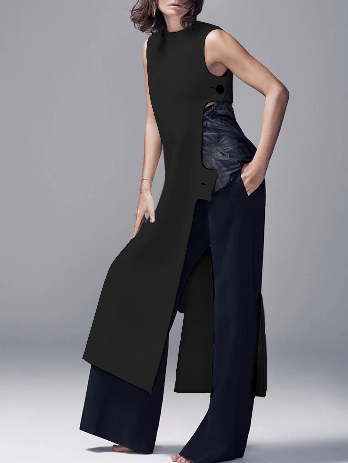 thumbnail image 1 of Vestido de verano largo ajustado con un solo botón, sin mangas, con cuello redondo y abertura con botones, estilo vintage, informal y elegante, 1 of 4