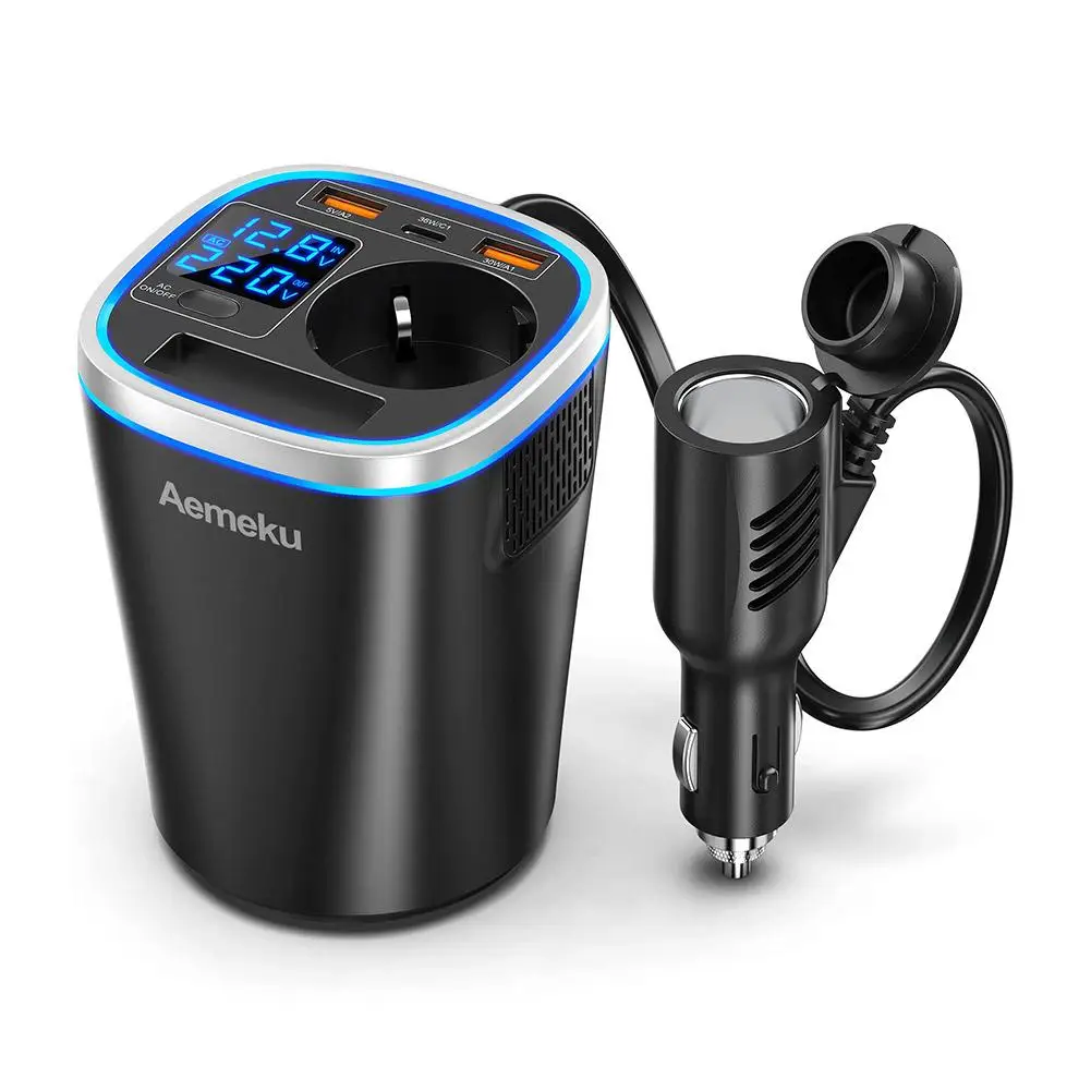새로운 컵형 디자인 차량용 인버터 300W 12V-220V 차량용 변환 소켓 디지털 디스플레이 USB/타입 C 충전기 차량용 전원 변환기