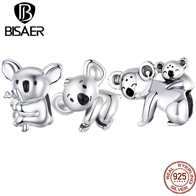 BISAER 925 Sterling Silver Cute Koala Charm Animal Bead Fit