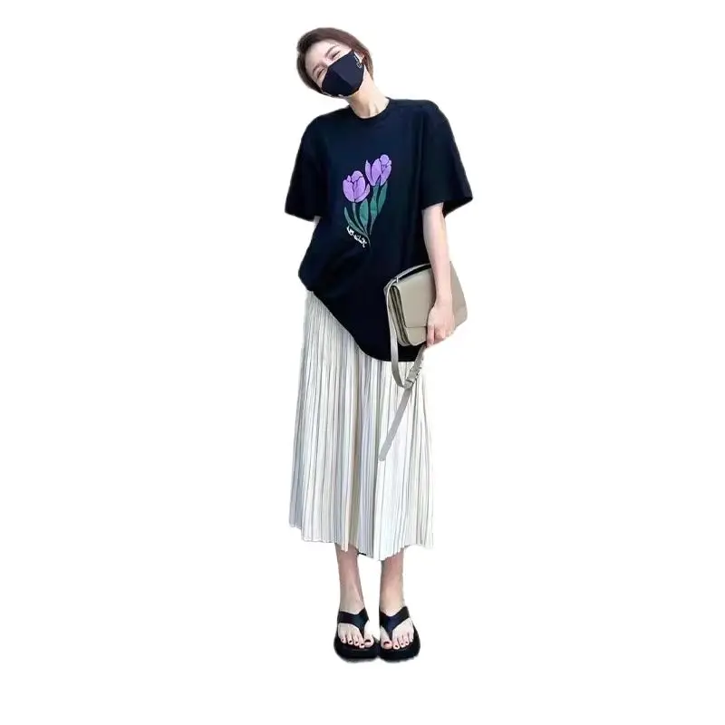 Plus Size Maternity Clothes Set for Summer Short Sleeve Black Top+pleated Skirts Two Pieces Suits Pregnant Woman Skirt Twinset