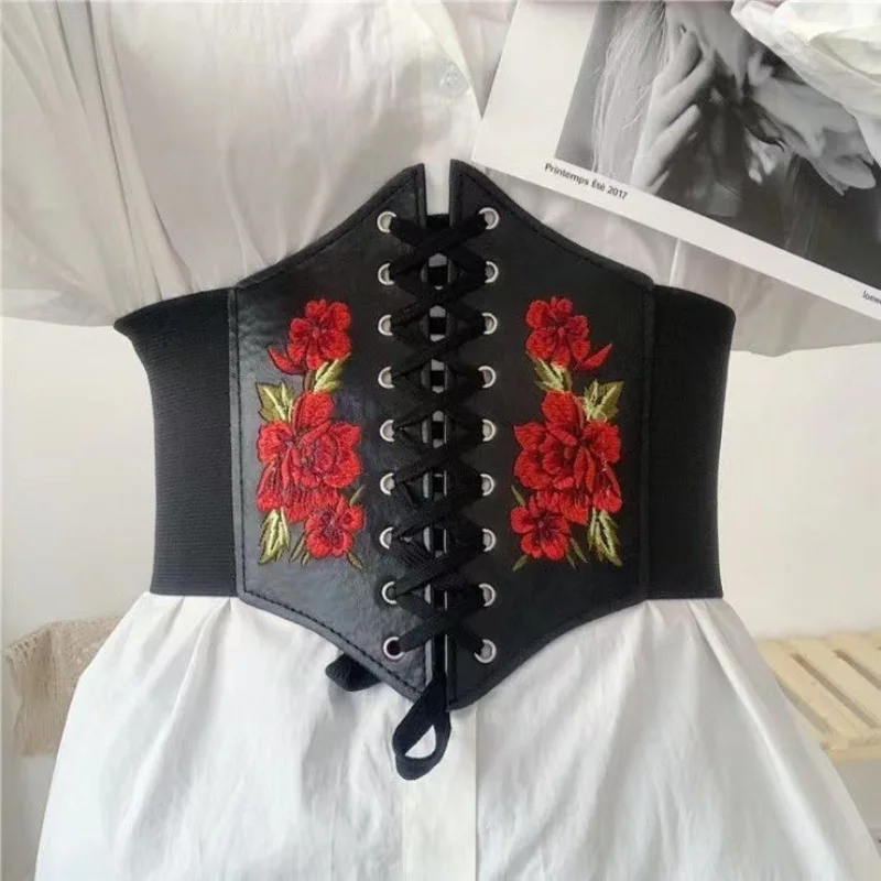 Women's Corset Belt Gothic Fashion PU Flower Embroidery Cummerbunds Female Slimming Waist Band Vintage Black Wide Belt for Girl