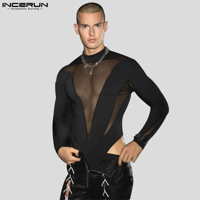 Men Bodysuits Mesh Patchwork Transparent Turtleneck Long Sleeve Rompers Male T Shirt Streetwear Fashion Bodysuit INCERUN