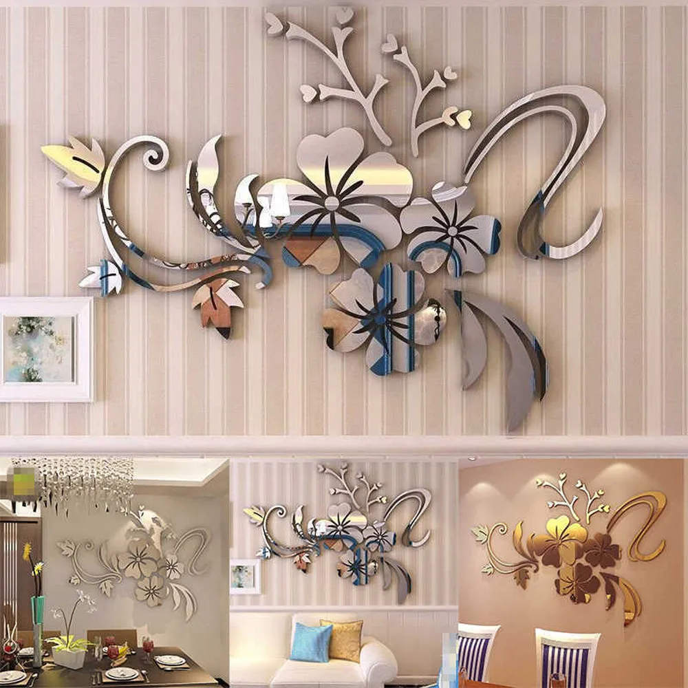 Description Picture 2 of itemAcrylic Flower Wall Stickers 3D Mirror Decorative Wall Stickers Art Murals for Bedroom TV Background Decoration 120x90cm