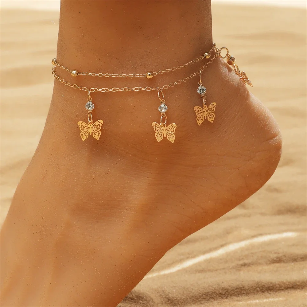 Silver Anklet Bracelet Summer Butterfly Anklet For Women Adjustable Color Layered Foot Ankle Bracelet Girls Beach Party Jewelry