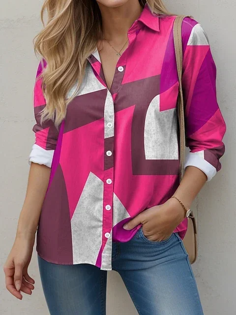 Camisa de manga larga con botones para mujer, blusa informal con estampado geometrico rojo y azul, cuello de camisa a la moda,