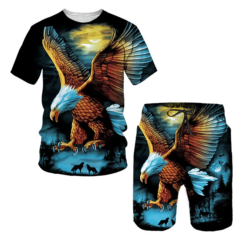 Nuevo conjunto de verano de manga corta con estampado 3D de águila del Día de la Independencia con relámpagos y arcoíris, conjunto de pantalones de playa de manga corta