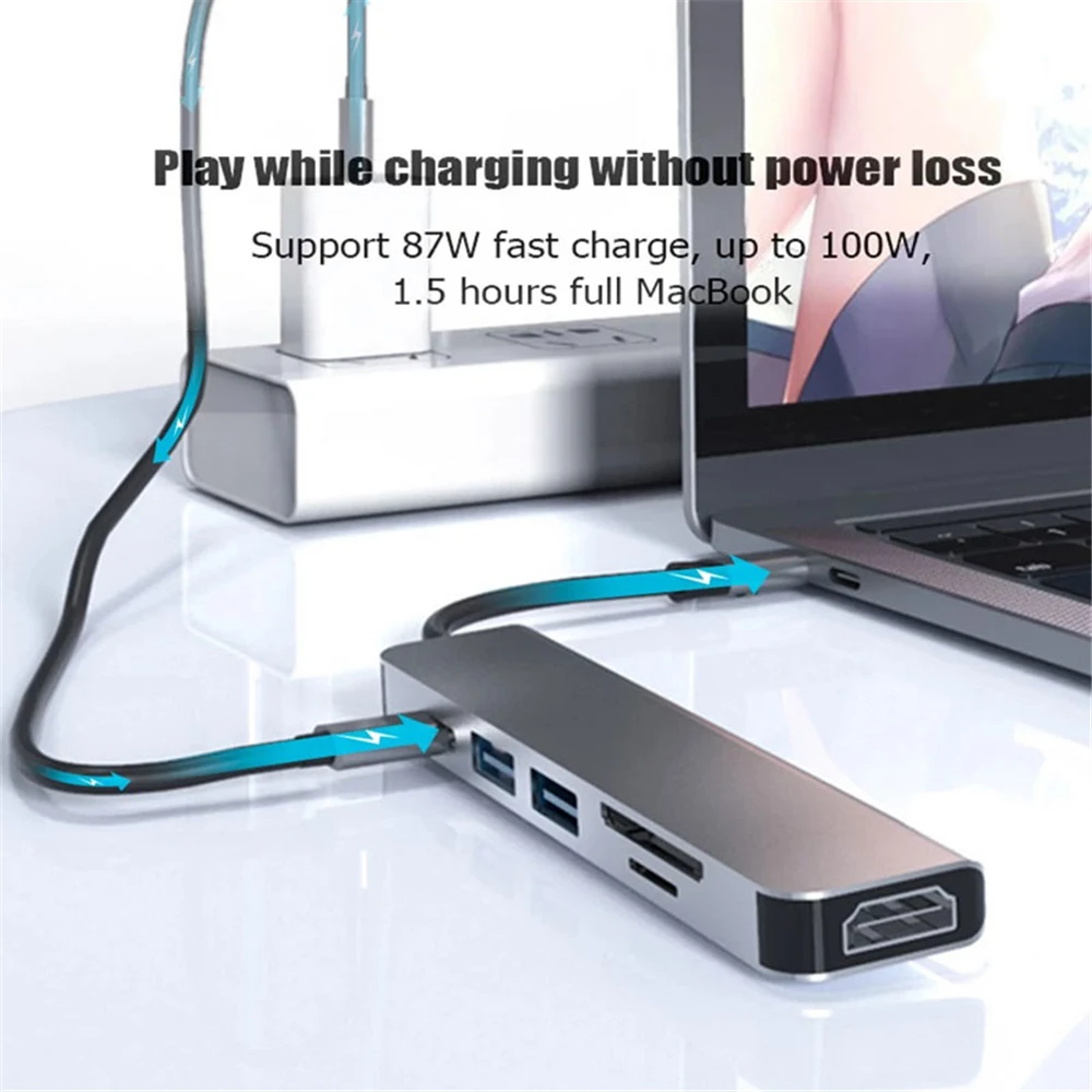 USB C HUB 4K 30Hz Type C to HDMI-compatible PD 87W USB Splitter USB Adapter For Macbook Air Pro USB3.0 HUB TF SD Multi Converter 2