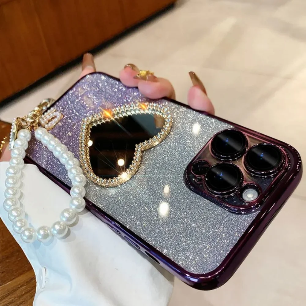 Luxury Diamond Love Mirror Phone Case with Pearl Heart and Hanging Rope