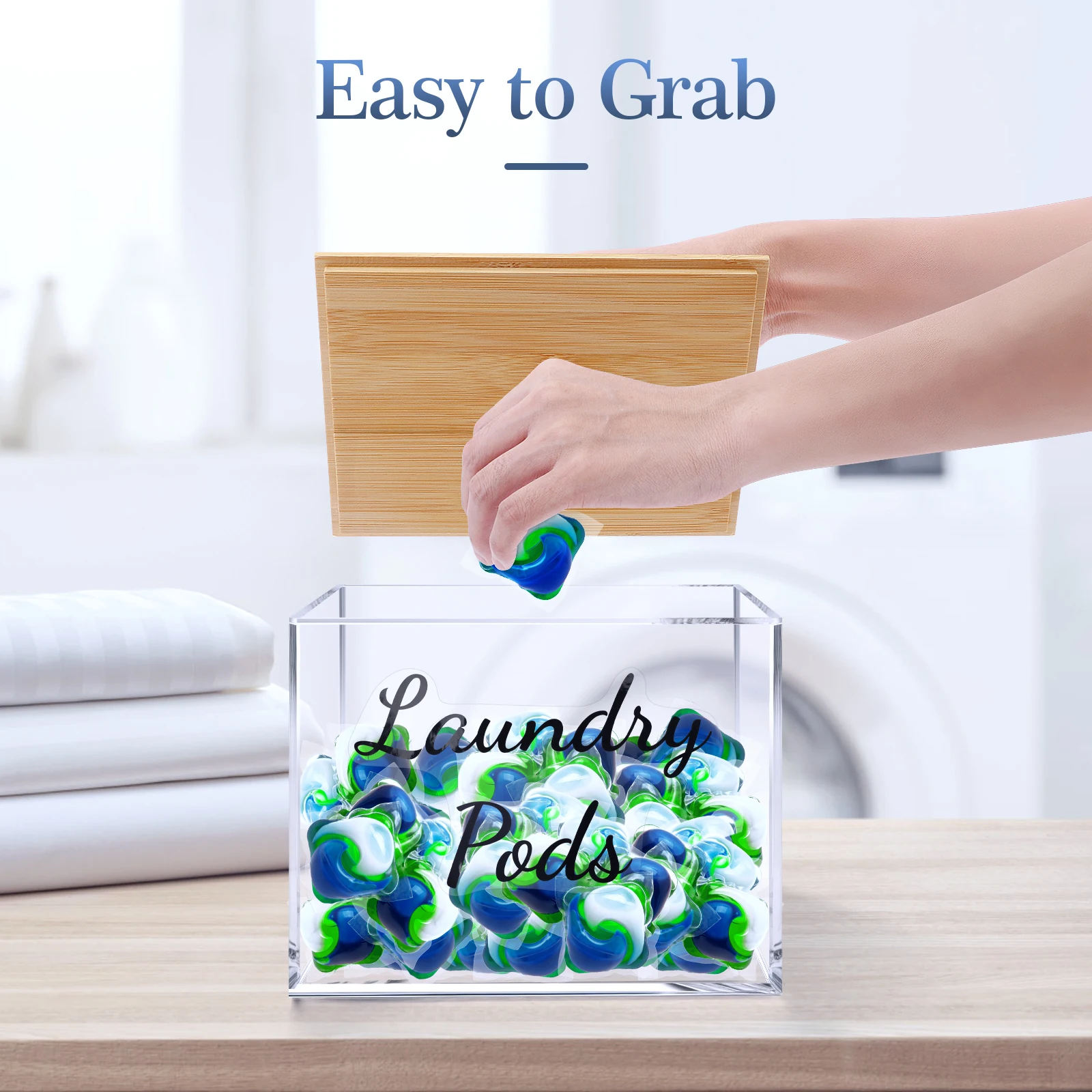 New Laundry Pods Holder Container for Laundry Room Organization Acrylic Box with Bamboo Lid for Laundry Powder, Dryer Balls 3