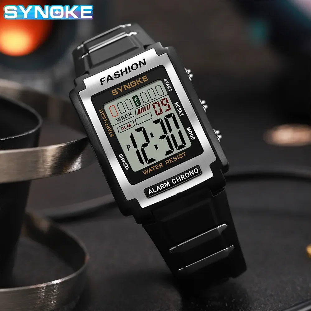 SYNOKE Men Rectangular Sports Electronic Watch Waterproof 50M Night Light Large Screen Alarm Clock Trend Retro Style 2