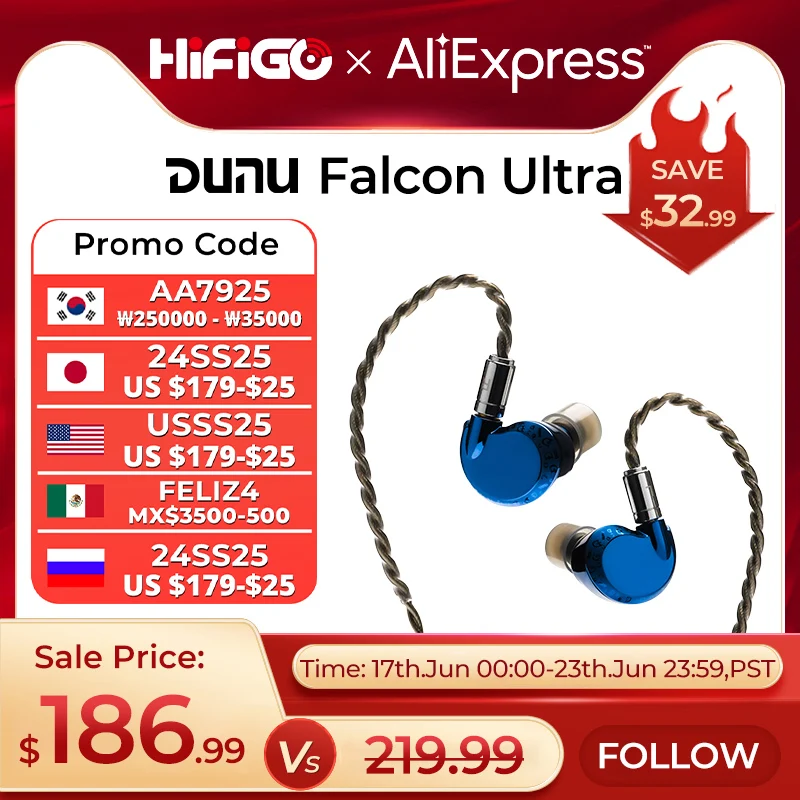 DUNU Falcon Ultra Dynamic Driver Earphone In Ear Monitors Klein Blue Hi-res Music Headphone Bass Earbuds with MMCX HiFi Cable