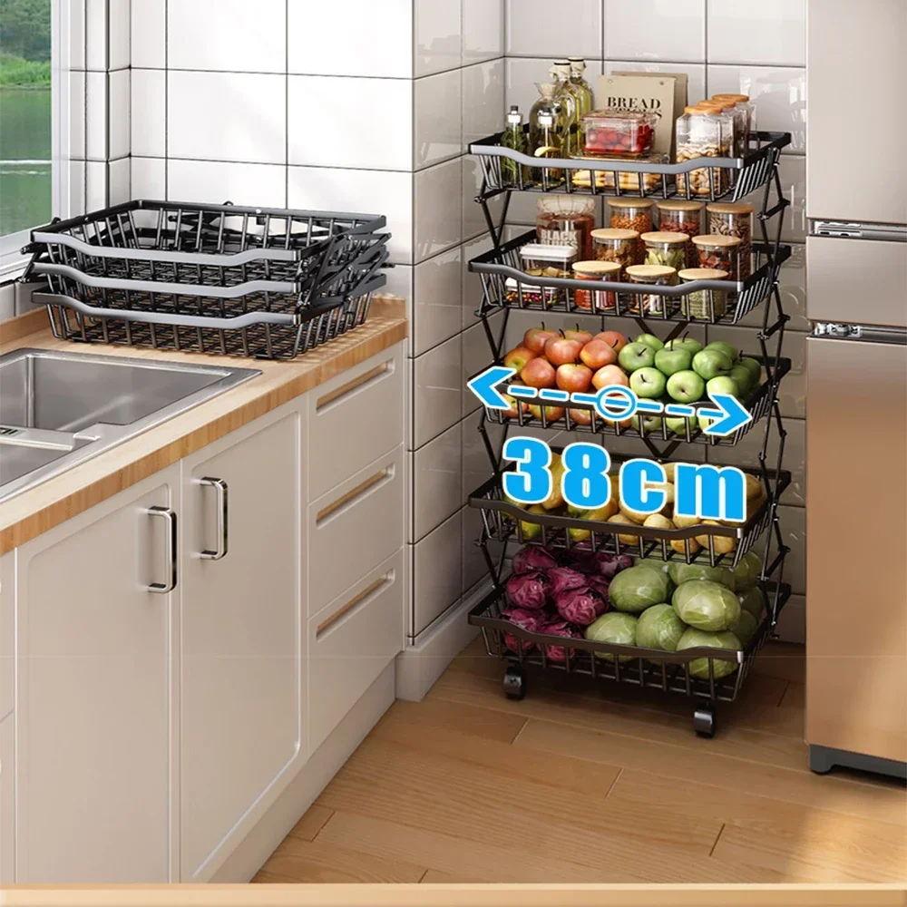 

Wheels Rack 360 Fruit Shelf 5 Swivel Vegetable Basket Storage Kitchen Steel Stainless Tier Degree Foldable With Floor