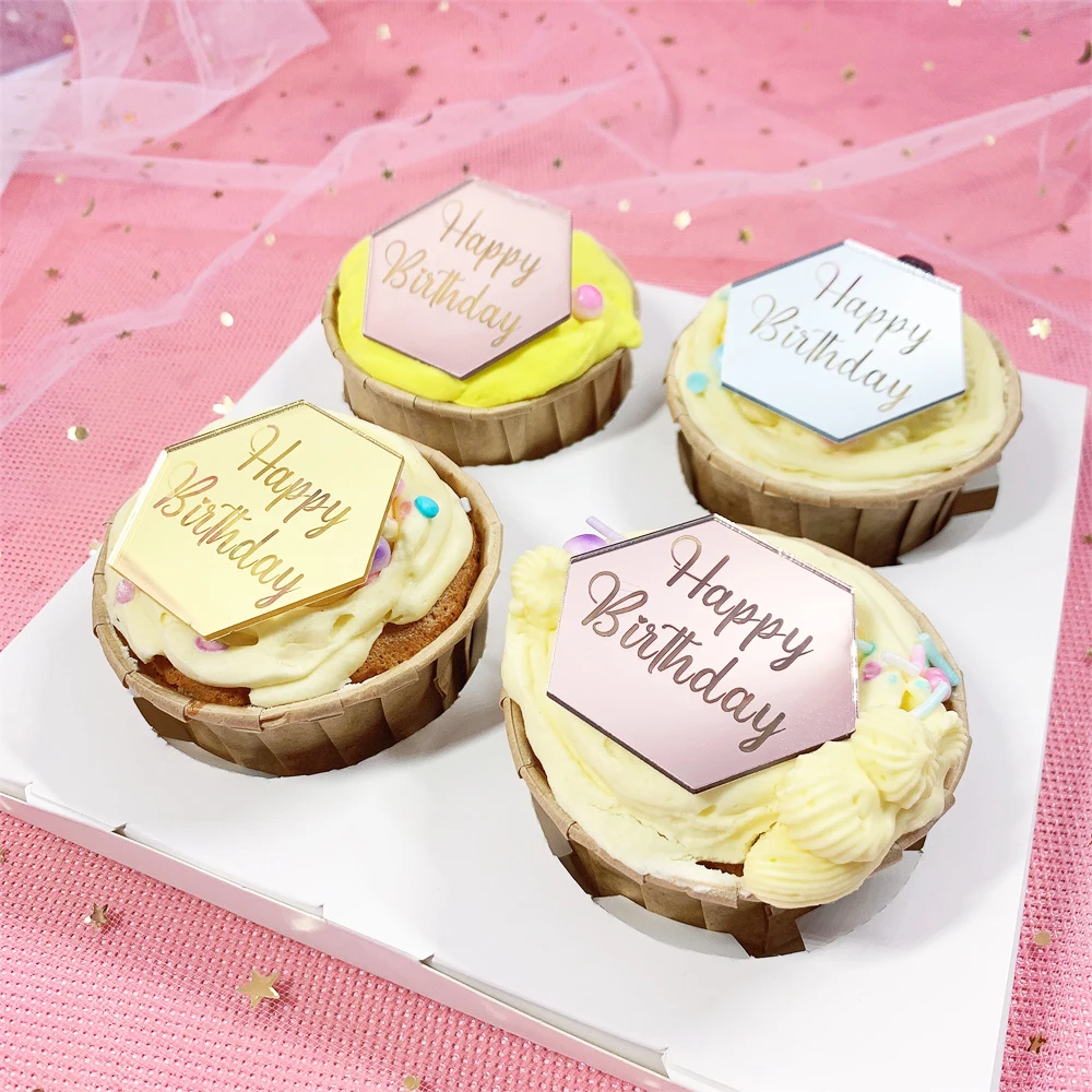 10Pcs Set Golden Acrylic Mirror Happy Birthday Cupcake Topper Wedding