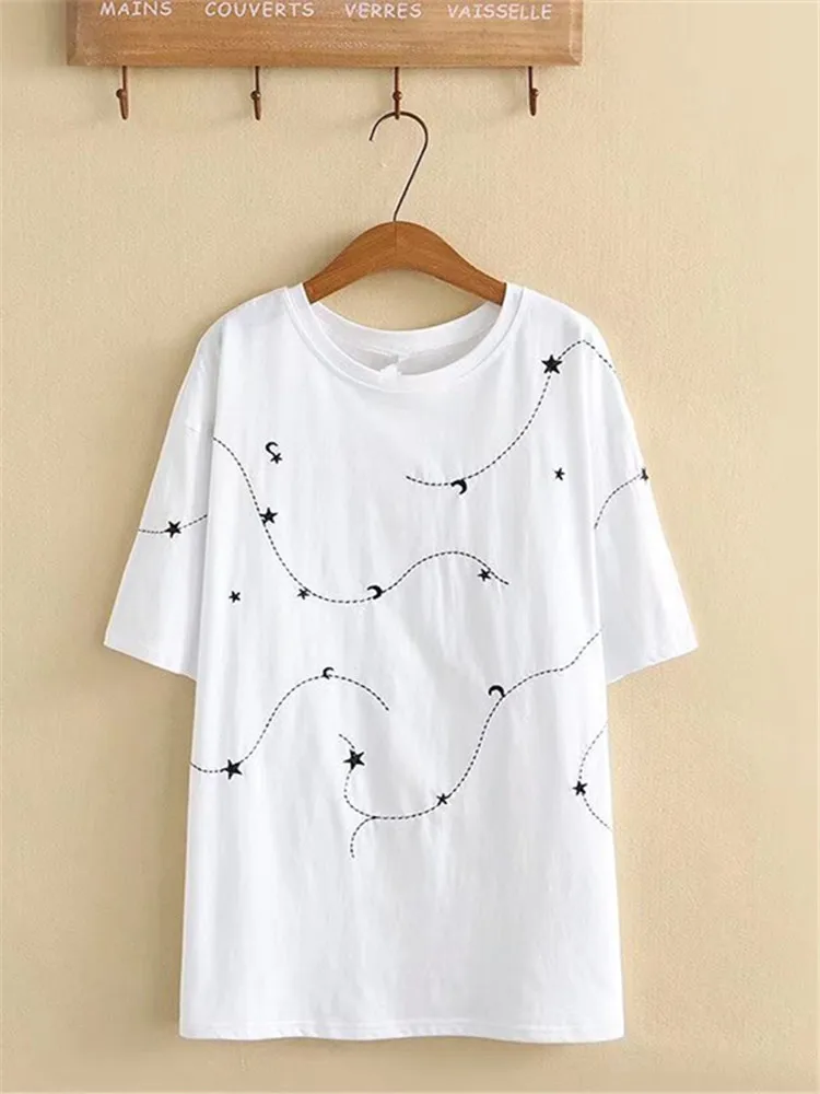 

Plus Size Women's Clothing Short Sleeve Embroidered Tshirt High Quality Summer Clothes Large Size Medium And Long For Busty Lady