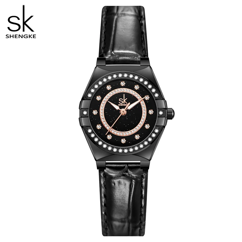 

Shengke Fashion Design Women's Watches OMG Style Black Leather Strap Woman's Quartz Wristwatches Ladies Dress Clock Gift for You