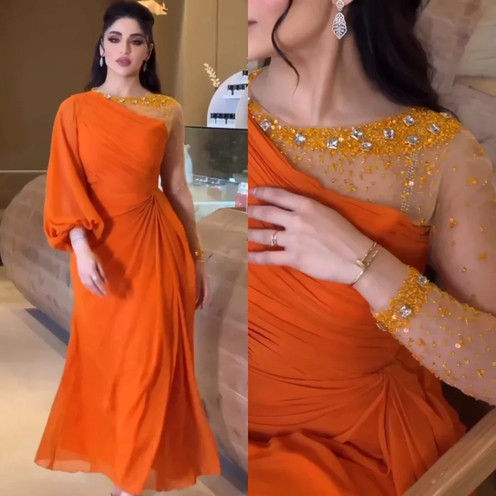 Jiayigong High Quality Exquisite  Chiffon Beading Draped Pleat Clubbing A-line O-Neck Bespoke Occasion Gown Midi DressesEvening