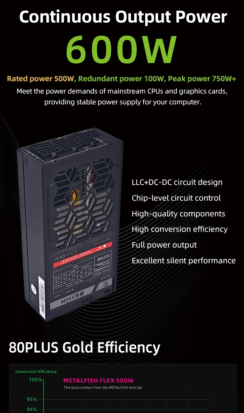 Flex 500/600W 80PLUS GOLD Full Modular Power Supply Flex-ATX 1U PSU For ITX Mini