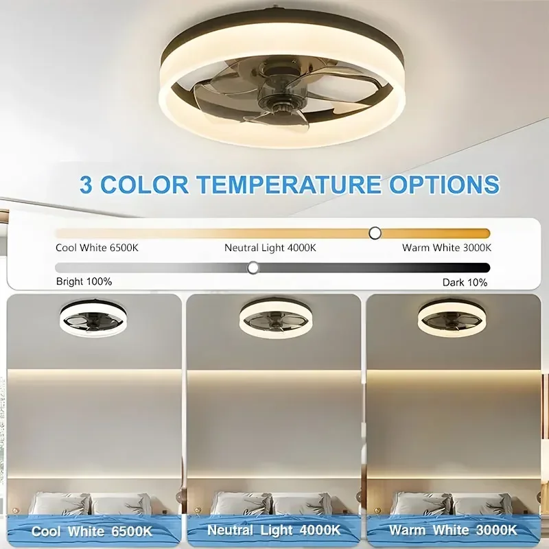 50cm Dimming Ceiling Fans with LED Lights Flush Mount Ceiling Fan with Remote Control Stepless Dimmable 3 and 6 Speeds Wind