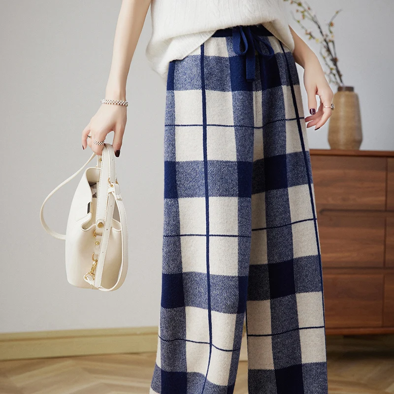 Autumn Winter Wool Wide-Leg Pants Women High Waist Generous Lattice Straight Barrel Knit Cashmere Pants Loose Large Size Casual