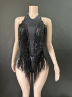 Sparkly Rhinestones Sequins Tassel LeotardWomen Nightclub Outfit Singer Dancer CostumeStage Wear Sexy Performance Bodysuit 7G 2