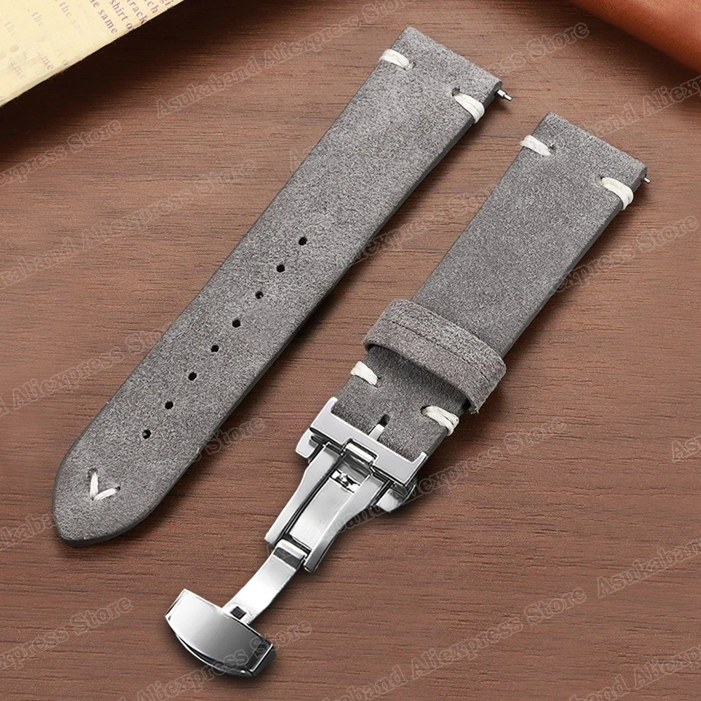 Quick Release Suede Stitching Genuine Leather Watch Band with Butterfly Buckle - Men's Straps