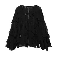 DUOPERI Women Fashion Solid Ruffled Blouse Vintage V-Neck Long Sleeves Female Chic Lady Shirts - Image 3
