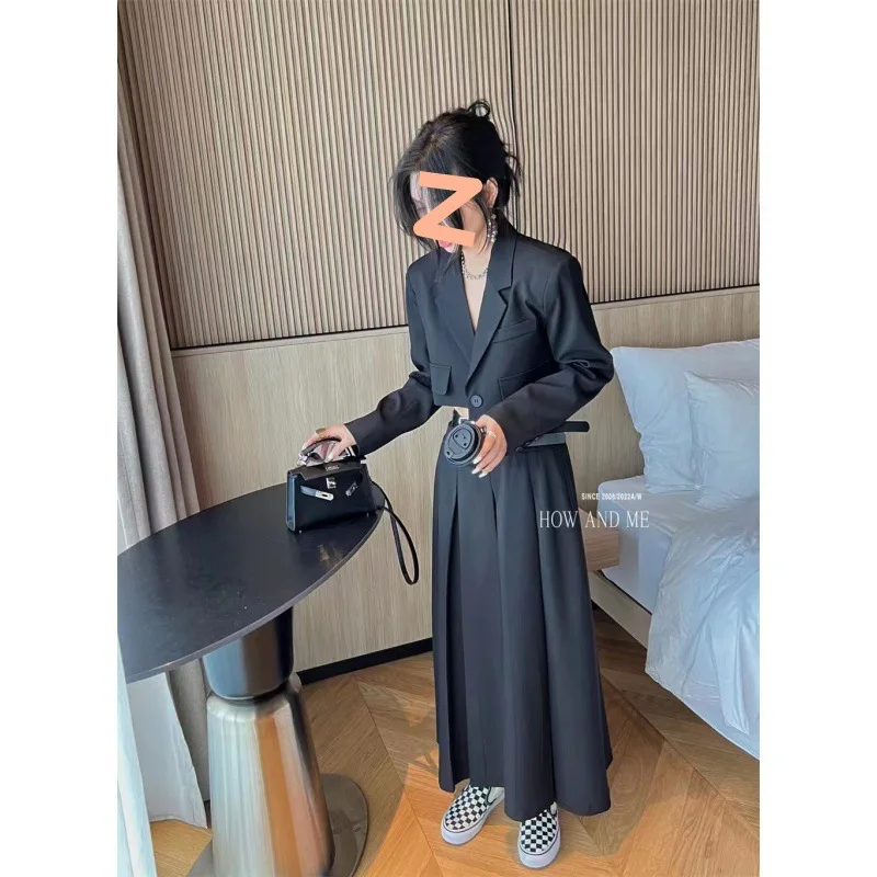 

VANOVICH Autumn New Korean Design High Waist Long A-line Skirt Temperament Long Sleeve Notched Slim Short Suits Two-piece Set