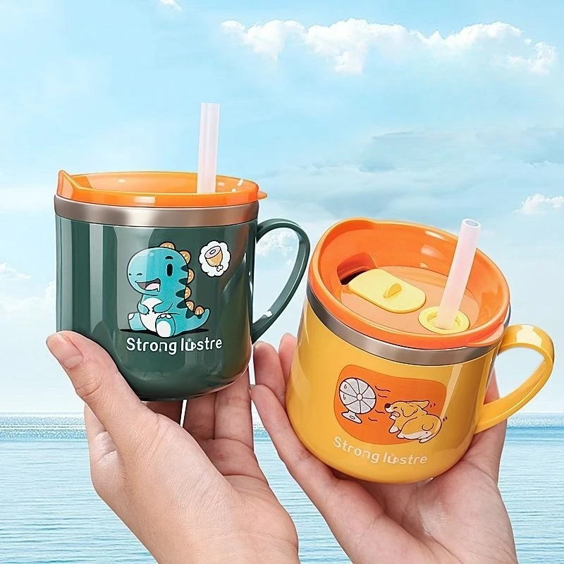 

250ml/8.5oz Kids Drinking Feeding Straw Baby Cup with Lid&Straw and Anti Drop 304 Stainless Steel Milk Cup Cartoon One Hand Grip