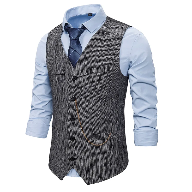 

Gray Herringbone Woolen Suit Vest Men Single Breasted Chain Decoration Gentleman Formal Vest Waistcoat Men Tuxedo Dress Vests