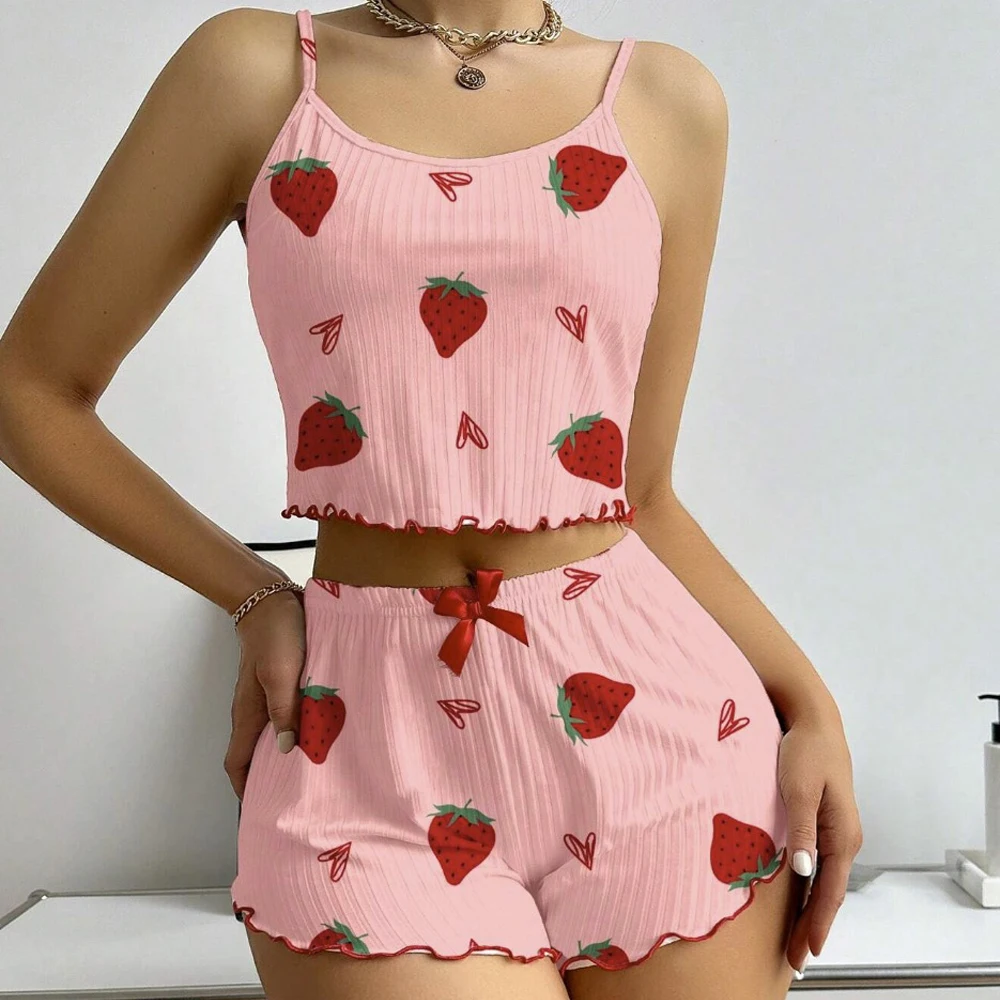 Female Girl Pajamas 2 PCS Set Strawberries Printing Soft Ribbed Fabric Ventilate Soft Trim Casual Top and Shorts Loungewear women pajamas set cotton pajamas set