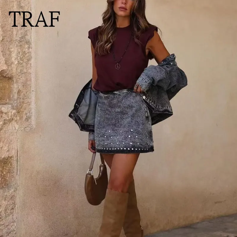 

TRAF Denim Women Shorts Skirts 2023 Fashion Rivet High Waisted Skirts Women Clothing Streetwear Mini Casual Female Skirt Set