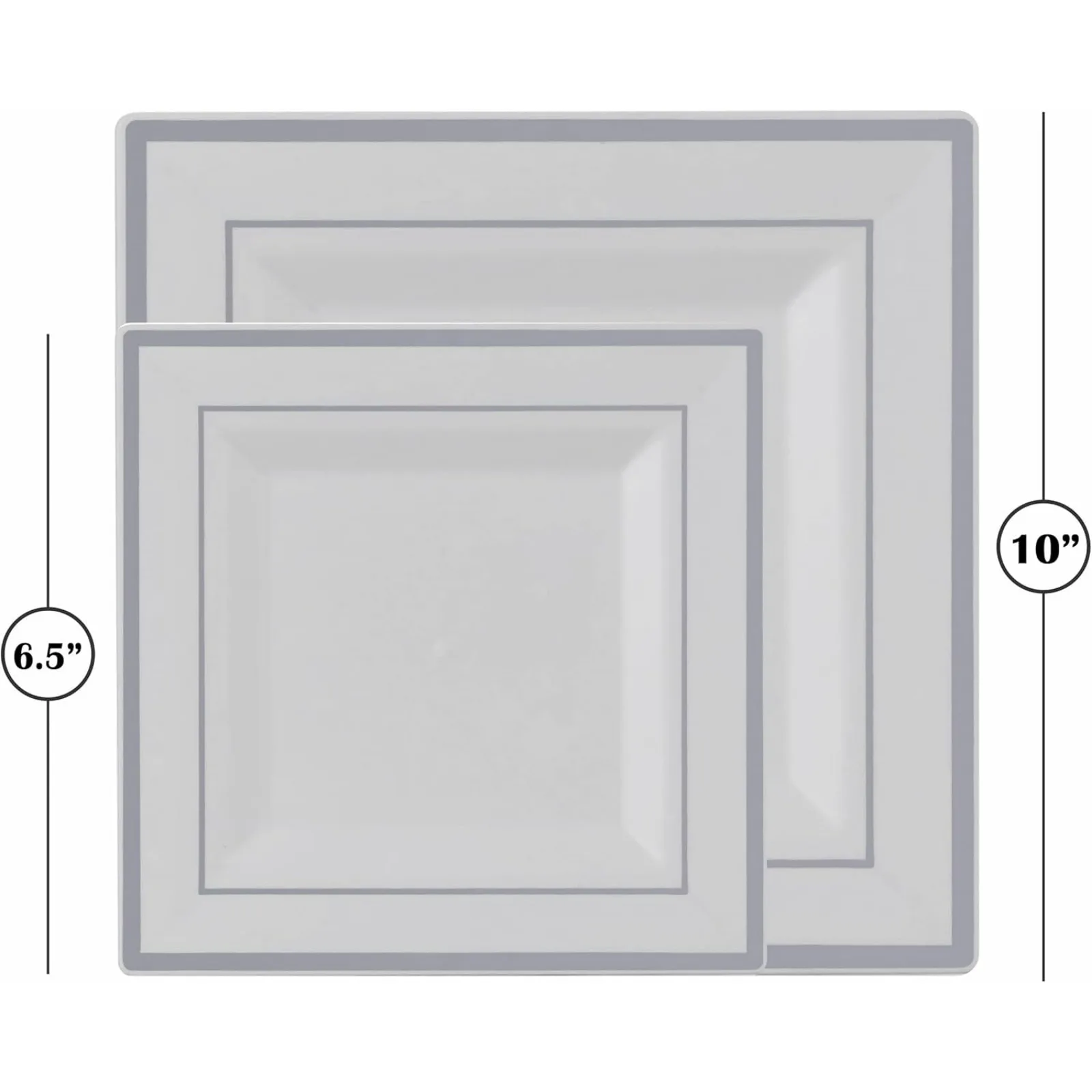 US 100 PCS Disposable Plastic White Square Plates, 100-Pack 6.5 & 10 In. Combo Premium Heavy Duty Silver