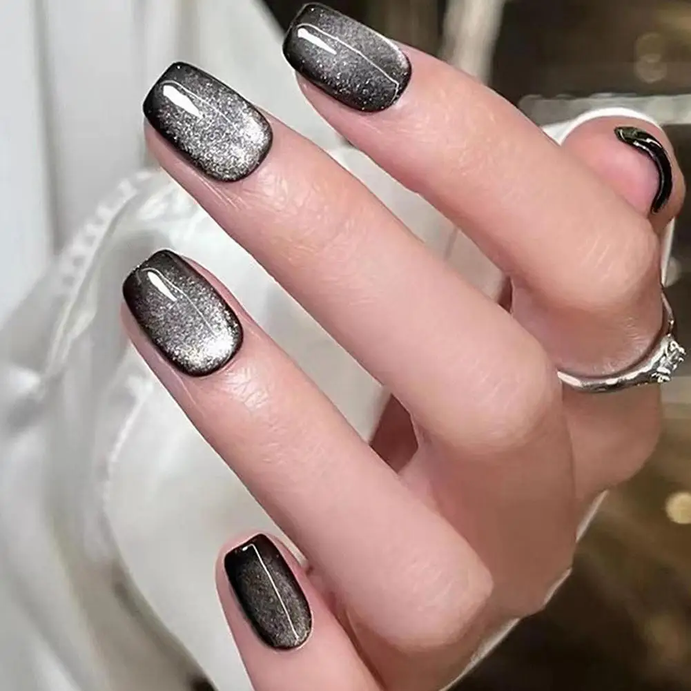 Uñas Postizas Cortas Ojo de Gato con Purpurina