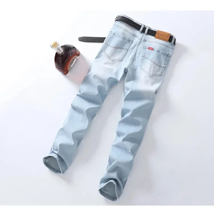 2024 Spring and Autumn New Classic Youthful Vitality Men's Fit Straight Thin Denim Jeans Lightweight Cotton Stretch Trousers