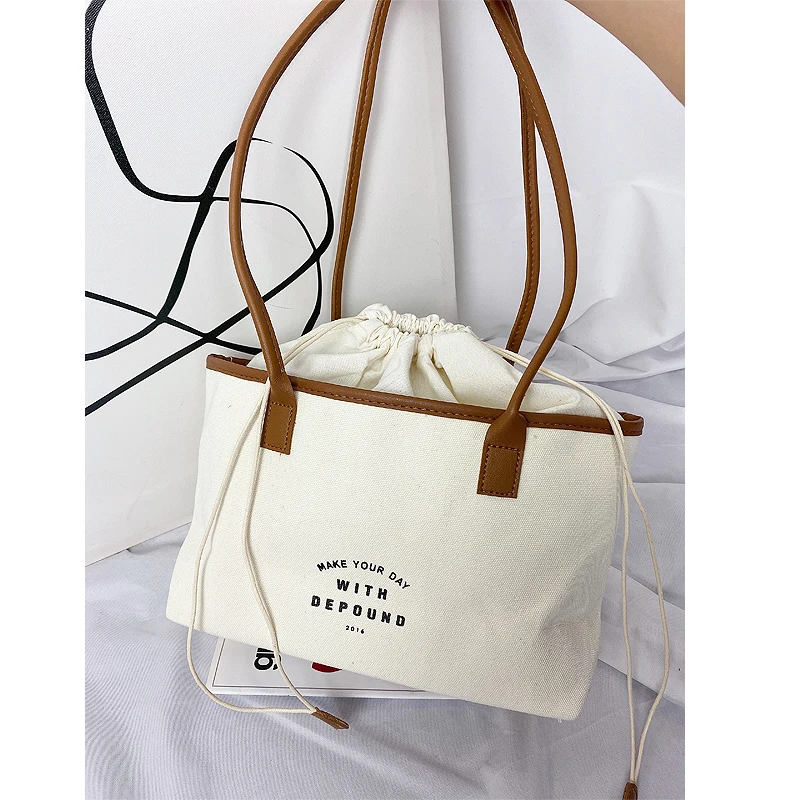 Ladies Canvas Shoulder Bag Female Retro PU Stitching Drawstring Design Totes Trend Large-Capacity Casual Travel Bag for Women women's bags on sale	