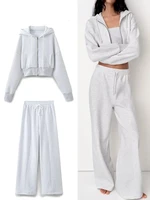New Women's Trousers Suit Fashion Long Sleeve Zipper Coat elastic Hem Short Side Pocket Hooded Basic Coat And Trousers Suit 1
