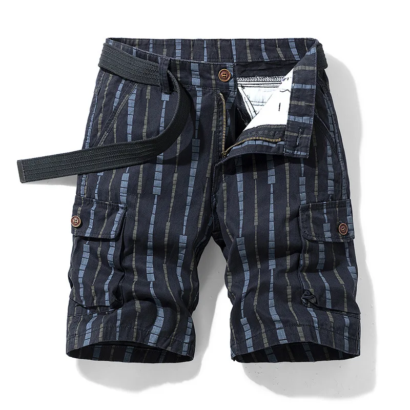2023 new Pure Cotton Summer Mens Cargo Shorts Boys Casual Pocket Streetwear Male Long Bermuda Graphic Striped