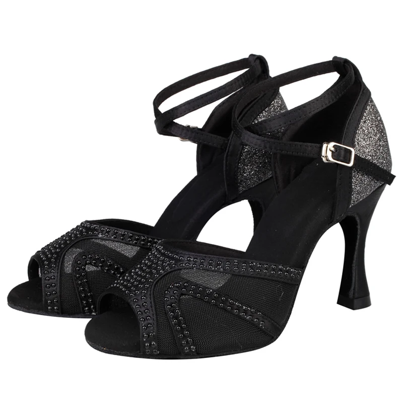 Latin Shoes Salsa Tango Ballroom Party Women's Shoes Rhinestone Black Girls High Heel Summer Sandals Outdoor Sports Shoes