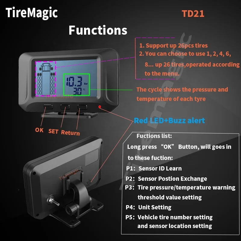 10 륜 Rs232 트럭 Tpms 공장 무선 타이어 압력 모니터링 시스템, 10 타이어