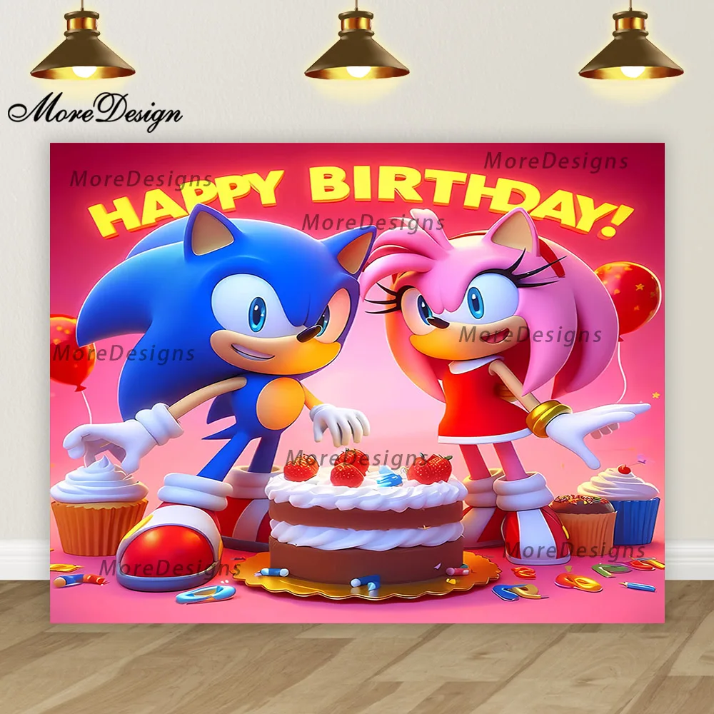 thumbnail image 1 of Banner de cumpleaños de Sonic, fondo fotográfico para niños, decoración para la primera fiesta de niños, fondo de tela de poliéster y vinilo con dibujos animados, 1 of 5
