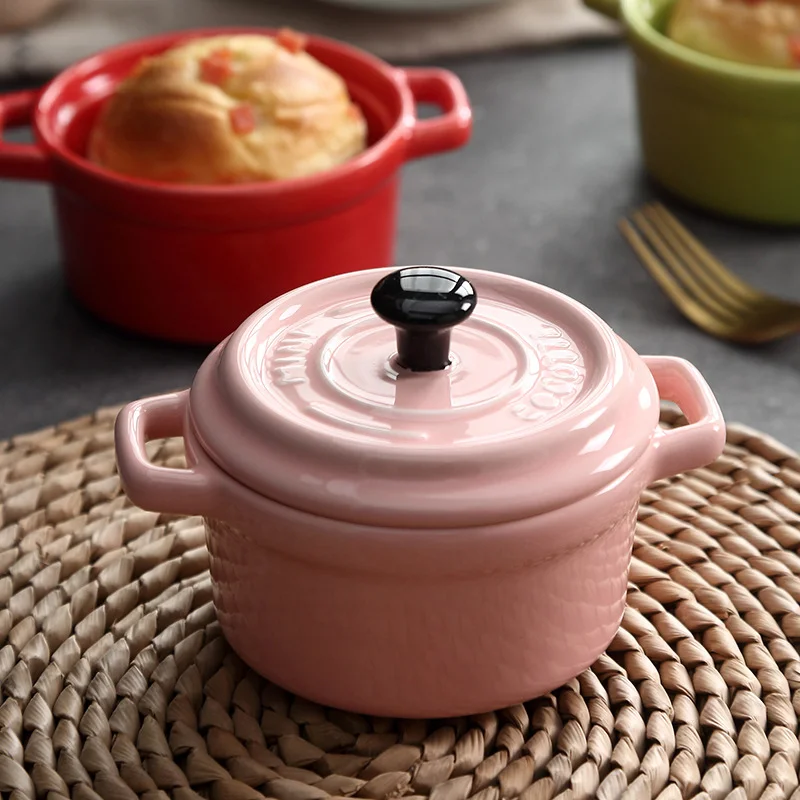 MiniCeramicBowlsSoupStockPotDoubleEarsBakingBowlwithLid