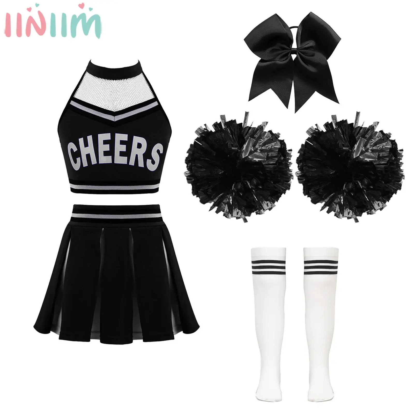 

6-16Y Girls Cheerleading Uniform Crop Top Skirt Headwear Flower Socks for Schoolgirl Cheer Jazz Dance Sports Meeting Performance