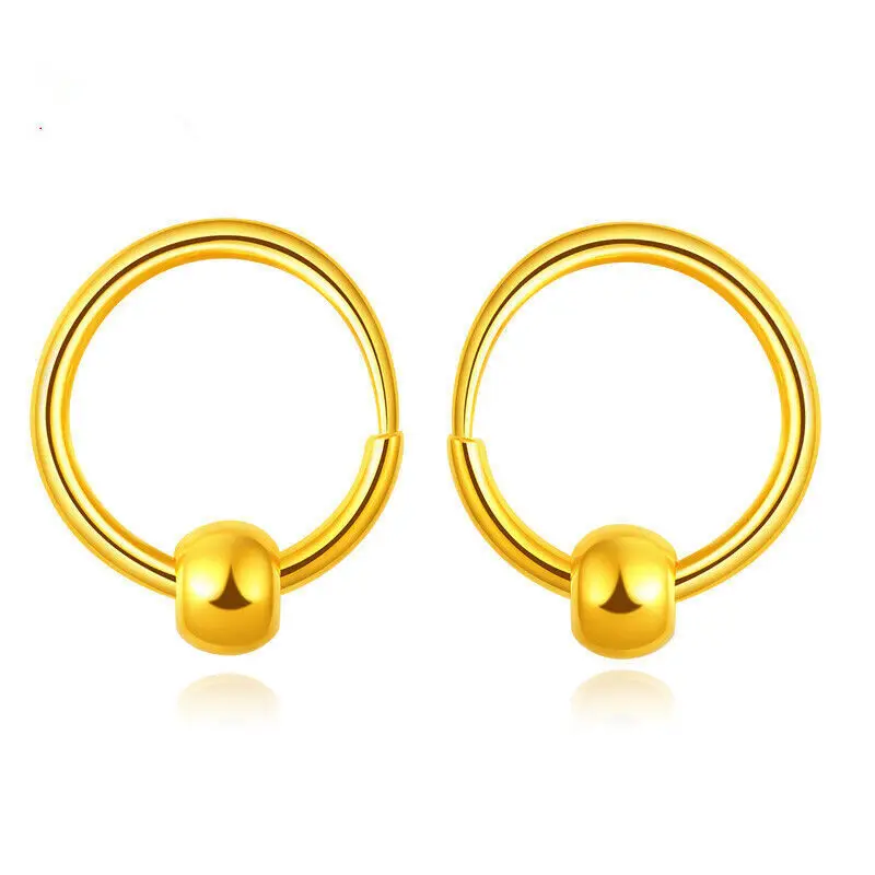 

Pure 24K Yellow Gold Earrings Hoop Women Polish Surface Bead Earrings 1.2-1.3g